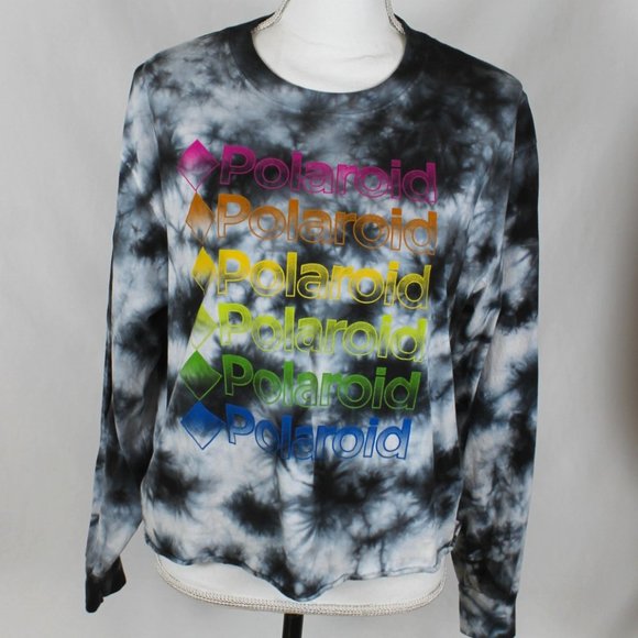 Polaroid Tops - POLAROID T-Shirt Woman Size XXL Black Tie Dye Cropped Long Sleeve Rainbow Logo